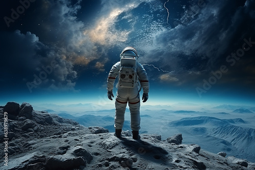 Fotografia Astronaut standing sitting on the moon lunar surface looking at the earth