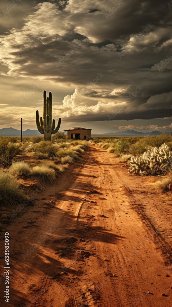 Farm under dramatic stormy sky. Generative AI