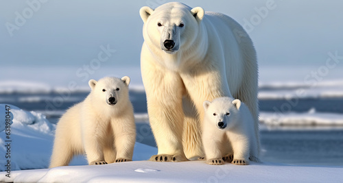Cherished Arctic Harmony, Stunning Polar Bear with Playful Cubs