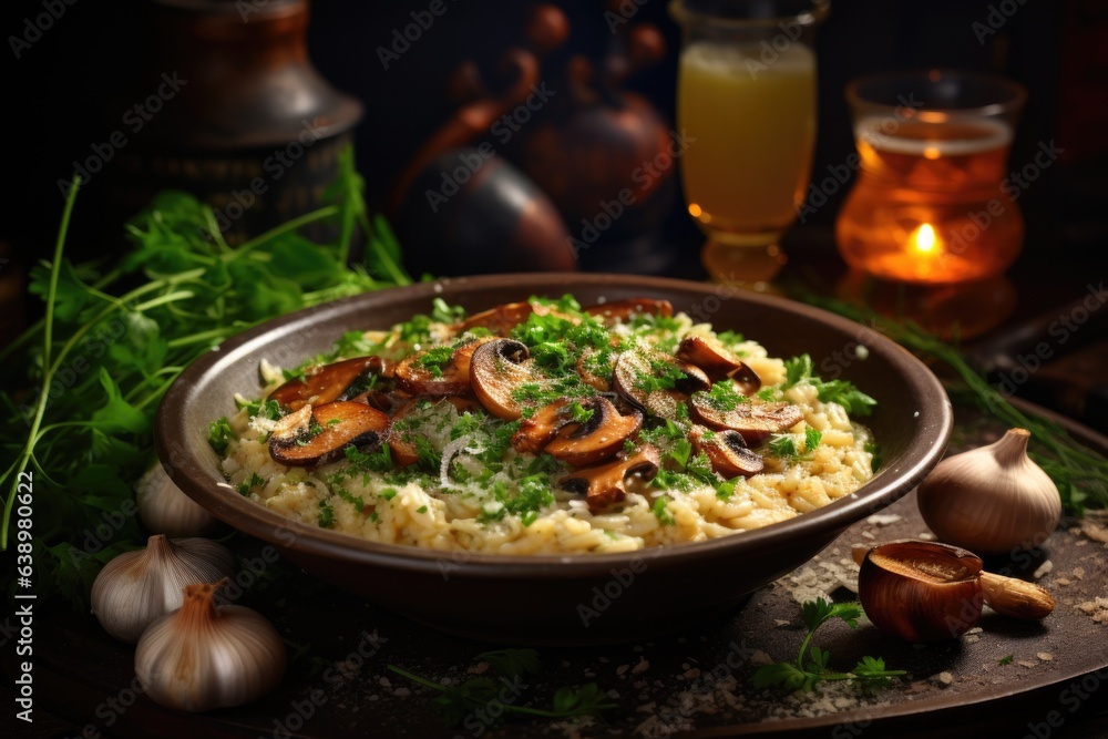 A hearty bowl of creamy risotto with sautéed mushrooms and parmesan shavings. Generative AI