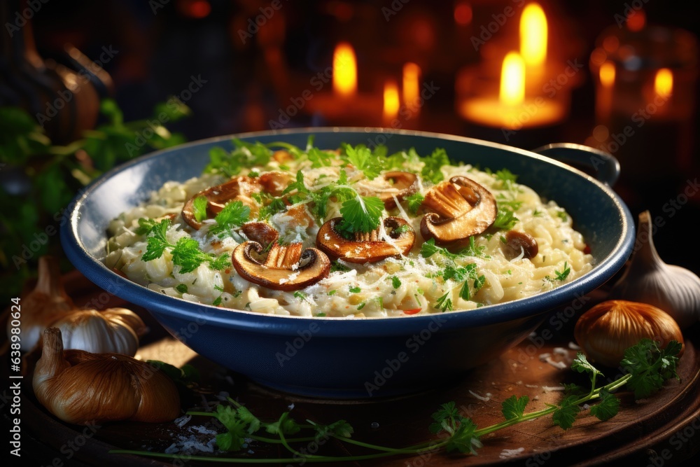 A hearty bowl of creamy risotto with sautéed mushrooms and parmesan shavings. Generative AI