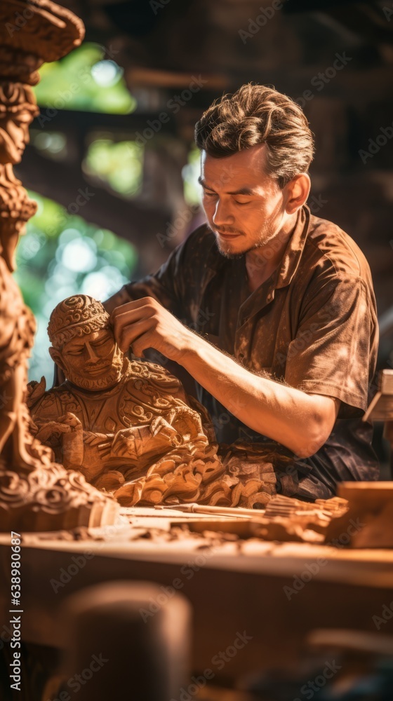 A man carves a wooden statue. Generative AI A man carves a wooden statue. Generative AI