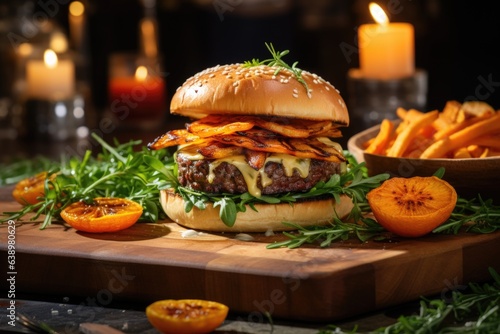 A gourmet cheeseburger with caramelized onions, arugula, and a side of sweet potato fries. Generative AI