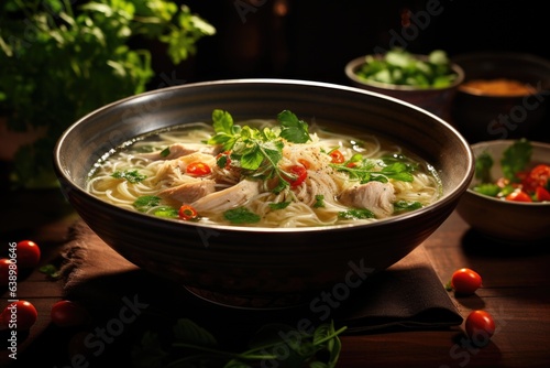 A bowl of comforting chicken noodle soup garnished with chopped herbs. Generative AI