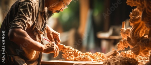 A man carves a wooden statue. Generative AI