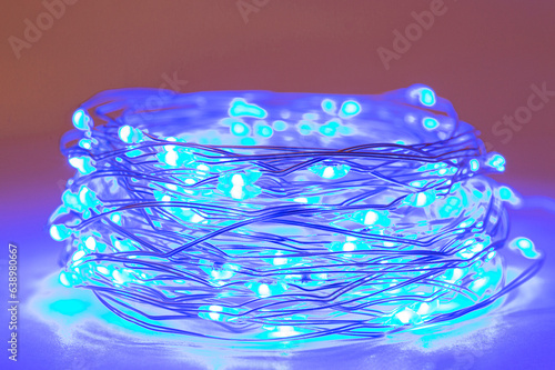 LED string lights. Party holiday christmas decoration lights. Close up christmas LED lighting photo