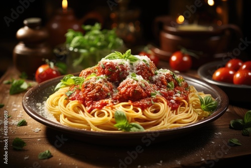 A classic Italian pasta dish with al dente spaghetti, marinara sauce, and meatballs. Generative AI