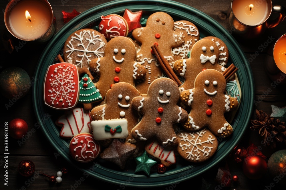 A festive holiday cookie platter with an assortment of freshly baked cookies and gingerbread figures. Generative AI
