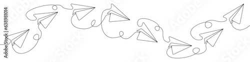 Paper Airplanes line continuous drawing vector. One line Paper plane vector background. Toy airplanes garland icon. Continuous outline of a Many paper airplanes.