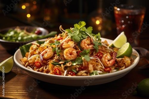 A vibrant bowl of pad Thai with stir-fried noodles, shrimp, peanuts, bean sprouts, and lime wedges. Generative AI