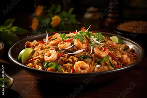 A vibrant bowl of pad Thai with stir-fried noodles, shrimp, peanuts, bean sprouts, and lime wedges. Generative AI