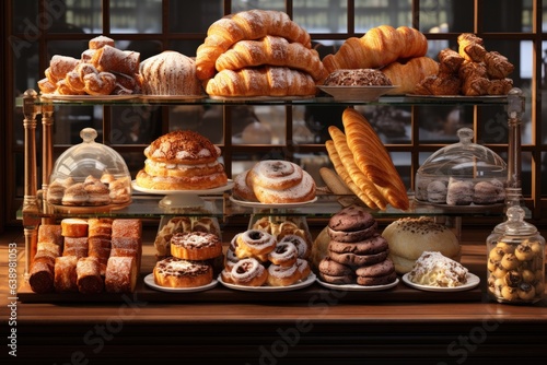 An image of a bakery display featuring a variety of freshly baked pastries  croissants  and Danishes. Generative AI