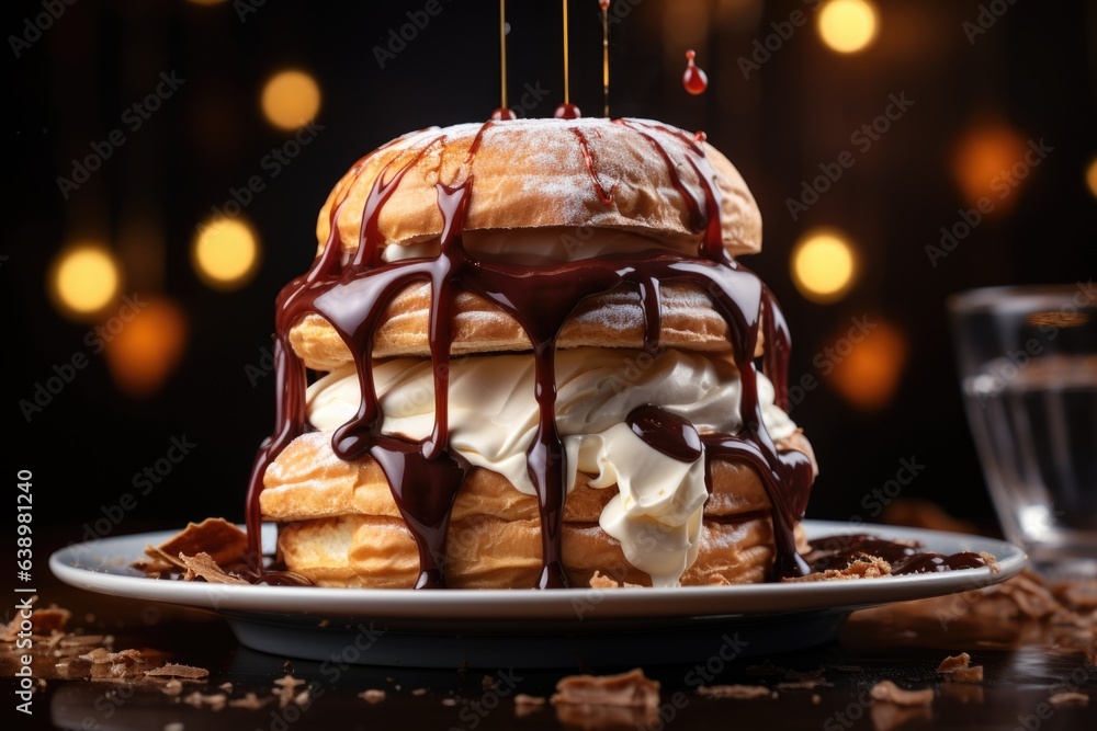 A dynamic shot of pouring melted chocolate over a tower of cream puffs, creating a decadent dessert. Generative AI