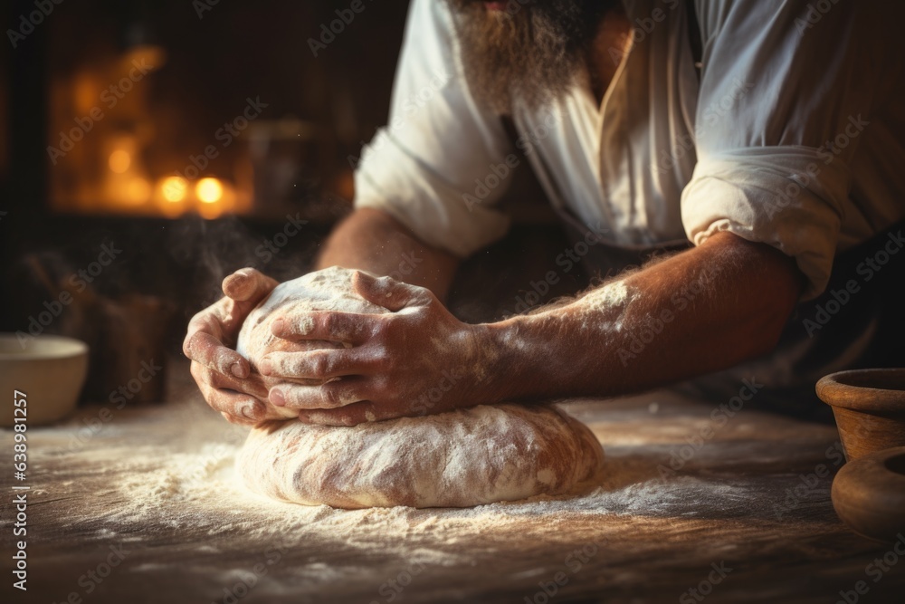 A rustic scene of hands kneading dough on a flour-covered surface, ready to be baked into bread. Generative AI
