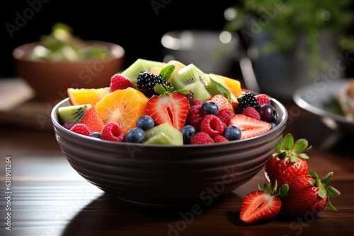 A vibrant bowl of fresh fruit salad with a colorful mix of berries, melon, and citrus segments. Generative AI