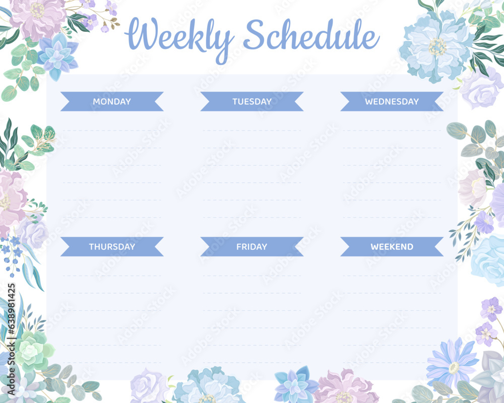 Blue Flowers Weekly Schedule Design with Blooming Flora Composition Vector Template