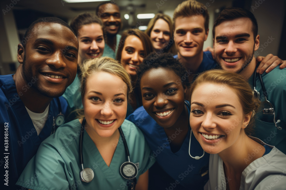 Medical doctors and nurses take a selfie in the corridor of the hospital at the end of a hard day's work Medical doctors and nurses take a selfie in the corridor of the hospital at the end of a hard day's work