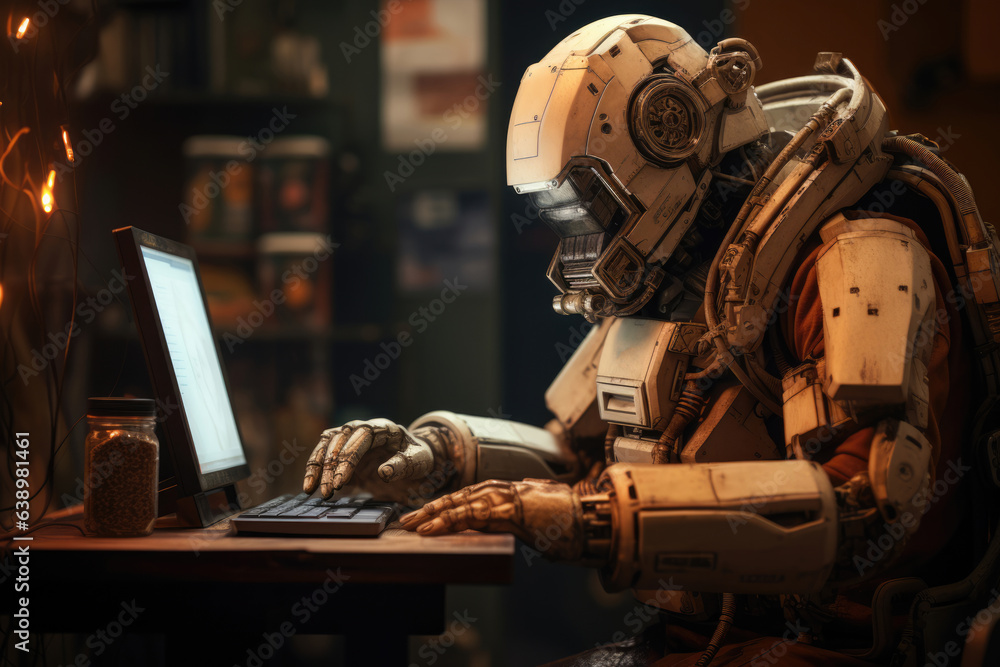 robot works at the computer, the concept of technology development robot works at the computer, the concept of technology development