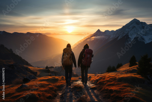 Hikers guy with girl with backpacks walking up the mountain at sunset