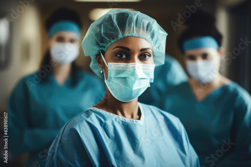 Portrait of successful female doctor in hospital before surgery. selective focus