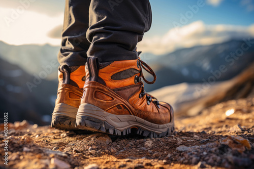 Feet of a tourist in boots, walks along the mountain, the concept of tourism, a healthy lifestyle