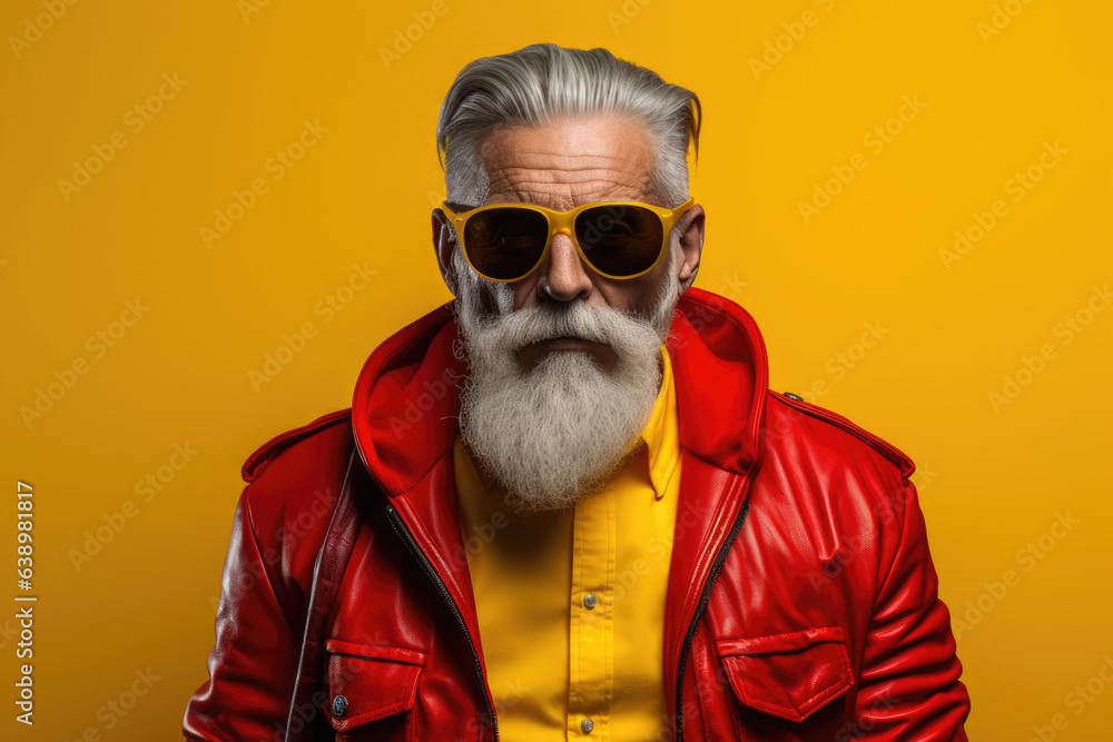 Stylish old man with gray hair and beard on a bright yellow background