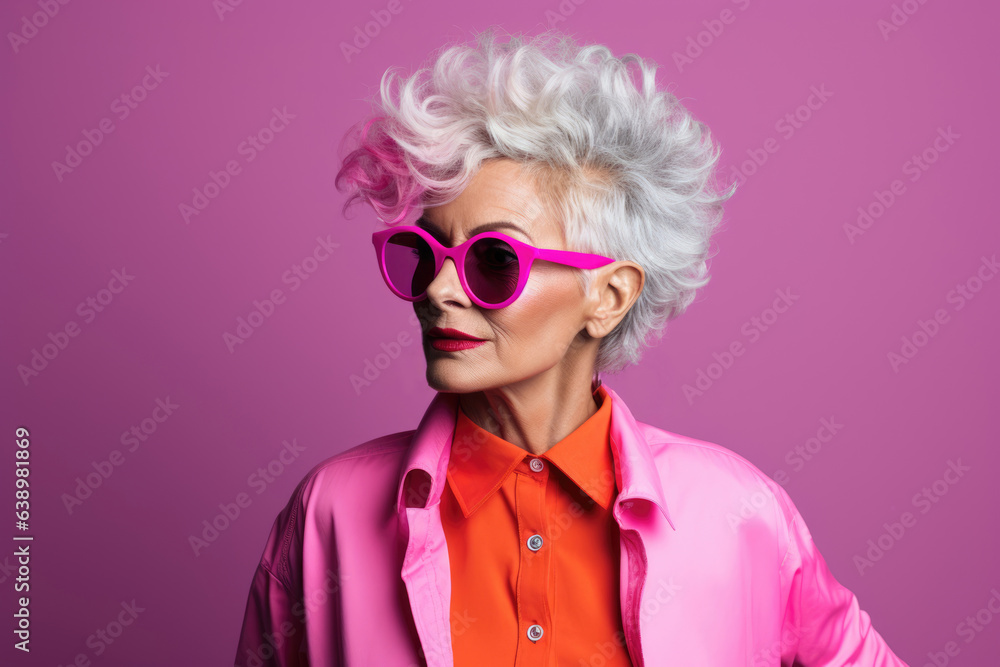 Youthful grandmother, old well-groomed woman in stylish bright clothes Youthful grandmother, old well-groomed woman in stylish bright clothes