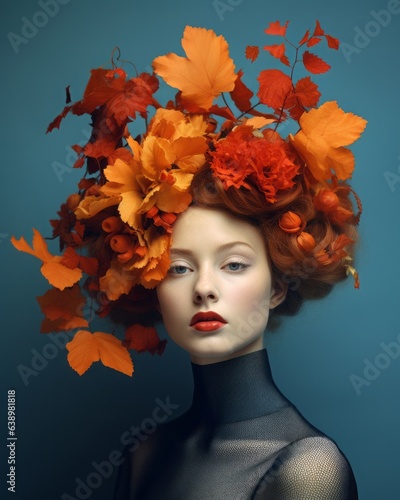 Abstract portrait of abeautiful woman with a wreath of colorful autumn leaves anf flowers. Autumn flower concept. photo