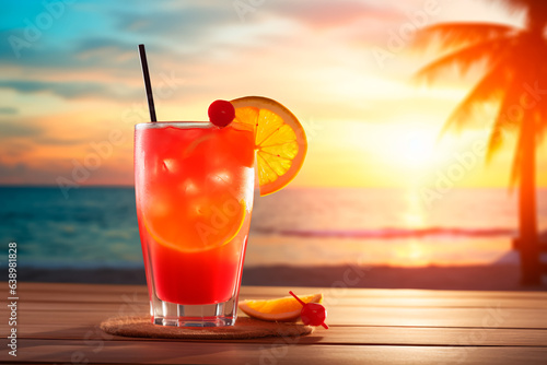 Alcoholic cocktail on the background of a beautiful beach and free space for text. Summer alcoholic drink