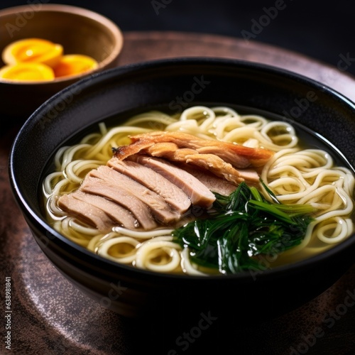 duck udon in a flavorful broth, garnished with nori and leek slices