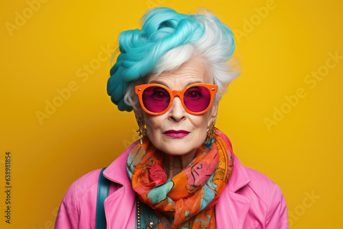 Elderly well-groomed stylish woman in bright clothes