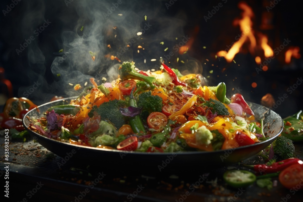 An artistic close-up of vibrant vegetables being tossed in a pan, capturing the sizzling and vibrant colors. Generative AI An artistic close-up of vibrant vegetables being tossed in a pan, capturing the sizzling and vibrant colors. Generative AI