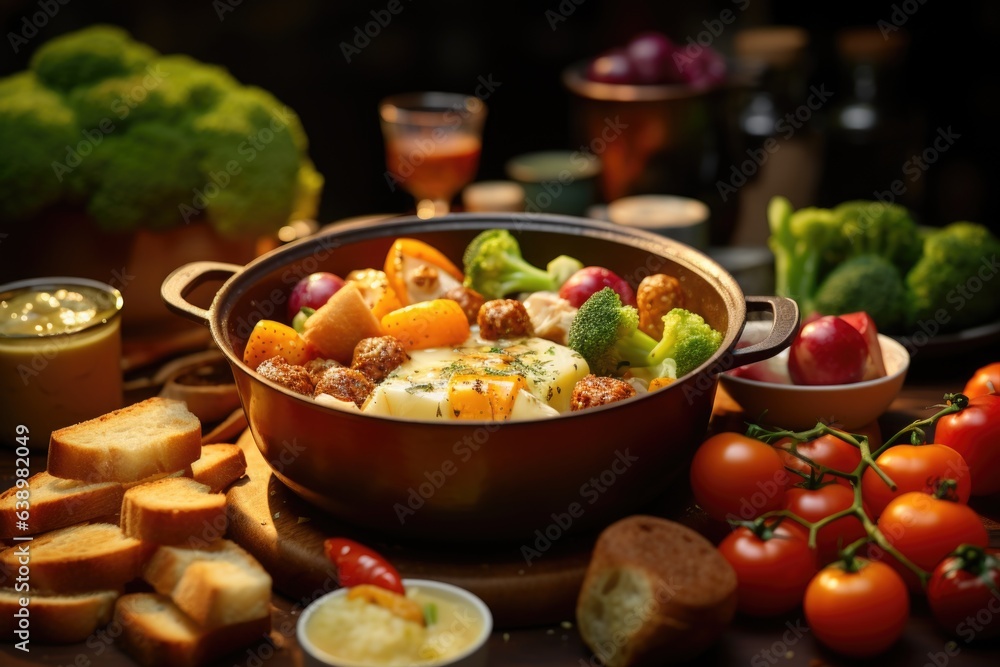 A close-up of a bubbling pot of fondue with skewers of bread, vegetables, and meat ready to dip. Generative AI A close-up of a bubbling pot of fondue with skewers of bread, vegetables, and meat ready to dip. Generative AI