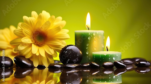 Spa Composition with Yellow Blossom  Candles  and Water Droplet