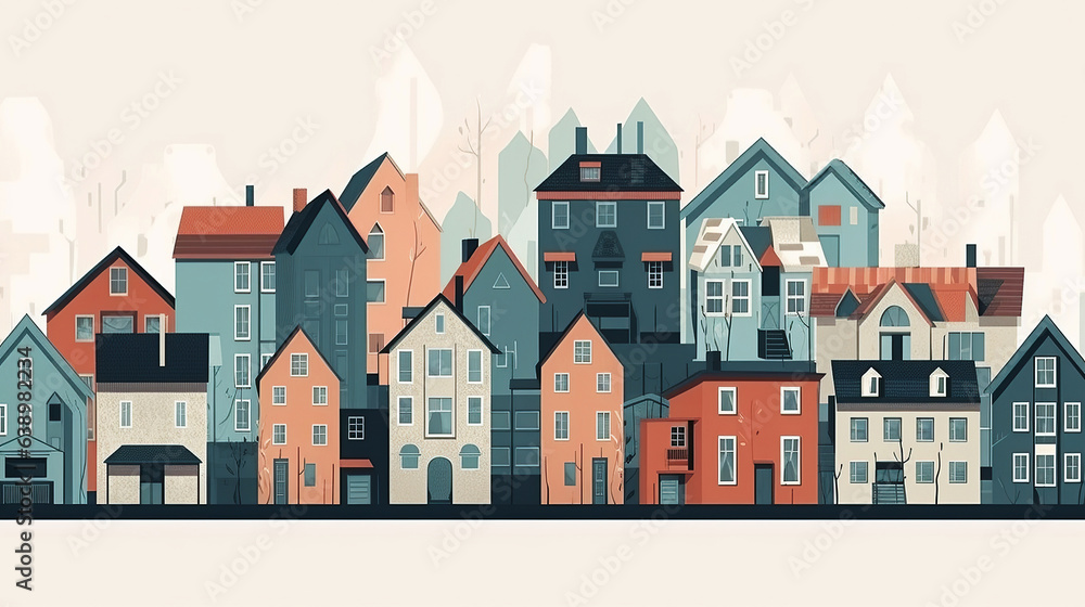 ai generated Illustration variety of houses in a row vintage style