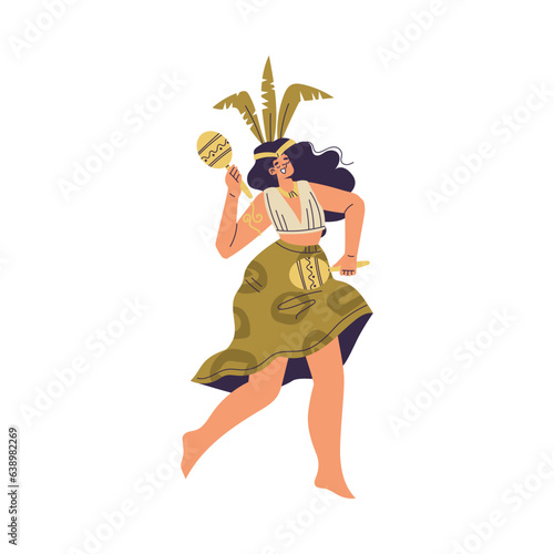 Brazilian Festival with Woman Character Dancing and Playing Maraca Vector Illustration