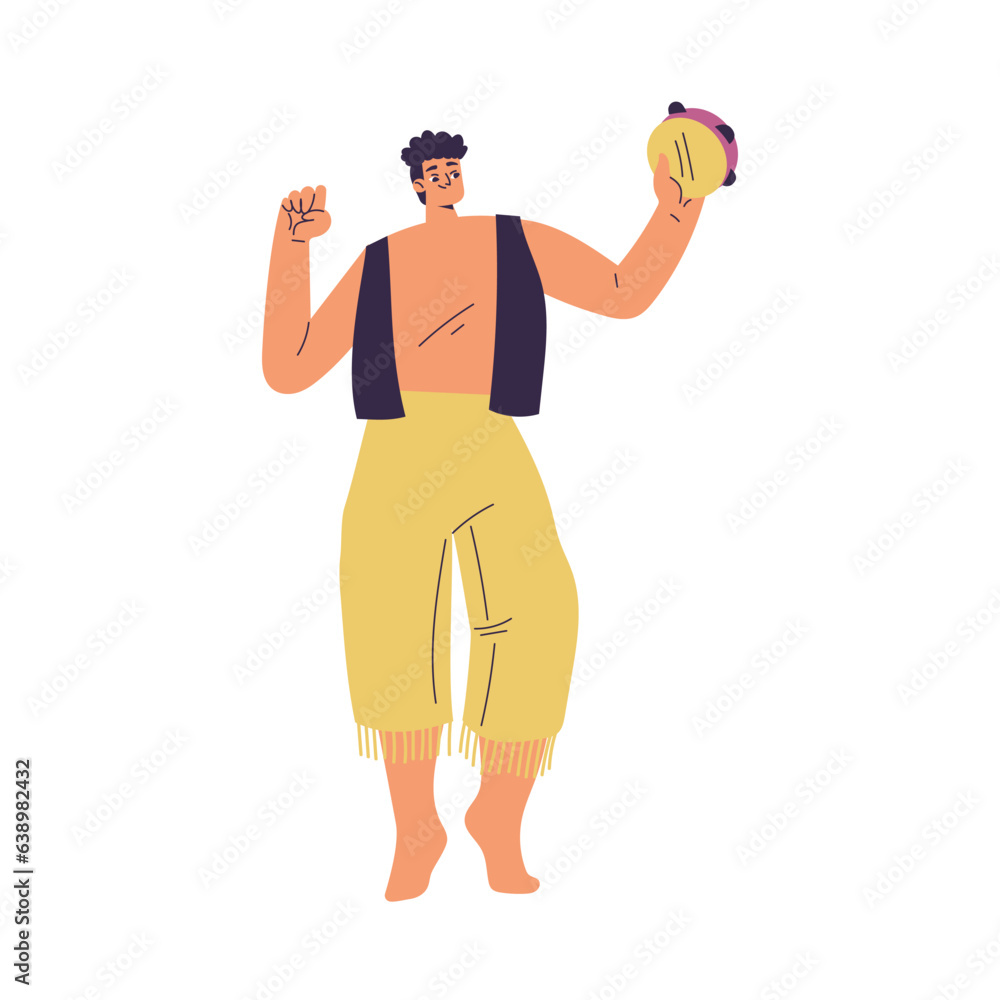 Brazilian Festival with Man Character Dancing and Playing Tambourine Vector Illustration
