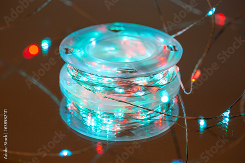 LED string lights. Party holiday christmas decoration lights. Close up christmas LED lighting photo