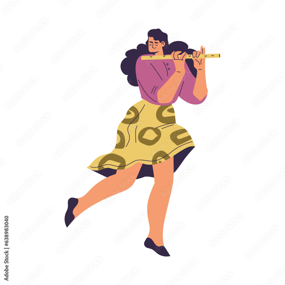 Fototapeta premium Brazilian Festival with Woman Character Dancing and Playing Flute Vector Illustration
