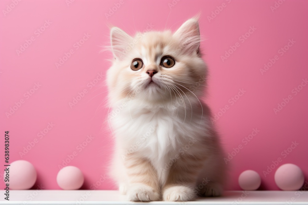 Cute kitten and easter eggs on pink background, closeup Cute kitten and easter eggs on pink background, closeup