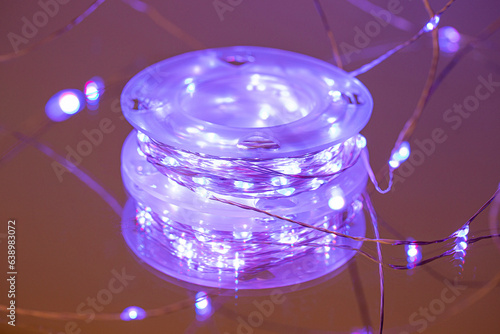 LED string lights. Party holiday christmas decoration lights. Close up christmas LED lighting photo