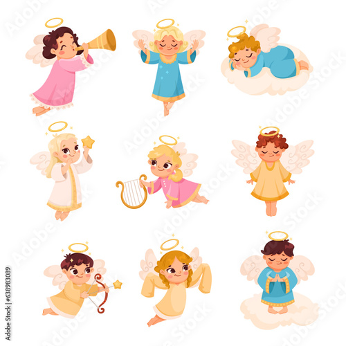 Cute Children Angels with Wings and Nimbus Vector Set