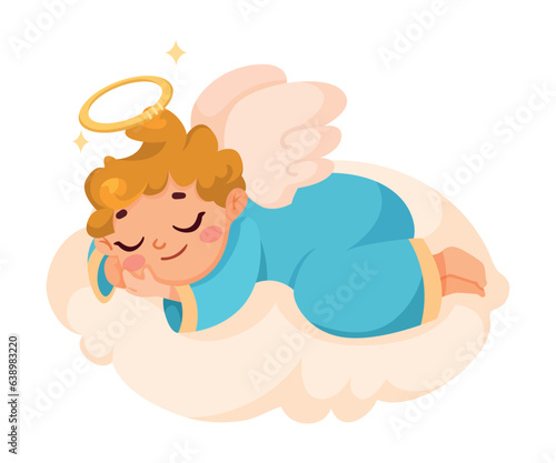 Cute Boy Angel with Wings and Nimbus Sleep on Soft Cloud Vector Illustration