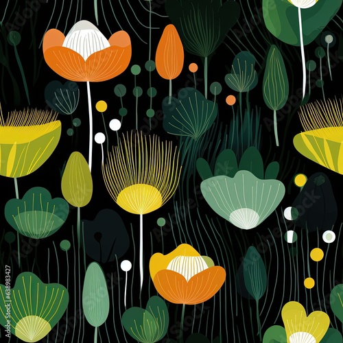 Beautiful flowers blossom in a green garden flat illustration made with Generative AI 