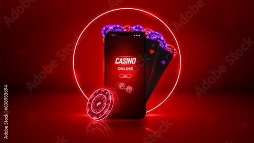 Casino online red glowing banner. Mobile casino concept with smartphone, playing cards and poker chips. Vector illustration