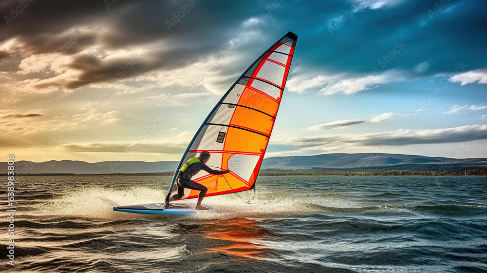 Windsurfing with Graceful Sail on the Water Windsurfing with Graceful Sail on the Water