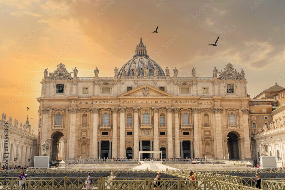 St. Peter's Basilica, Cathedral and Roman architecture historical monuments around the square in Via della Conciliazione in Rome. Vatican City Rome, Italy.