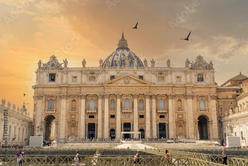 St. Peter's Basilica, Cathedral and Roman architecture historical monuments around the square in Via della Conciliazione in Rome. Vatican City Rome, Italy.