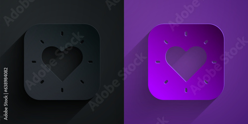 Paper cut Heart icon isolated on black on purple background. Romantic symbol linked, join, passion and wedding. Happy Valentines day. Paper art style. Vector