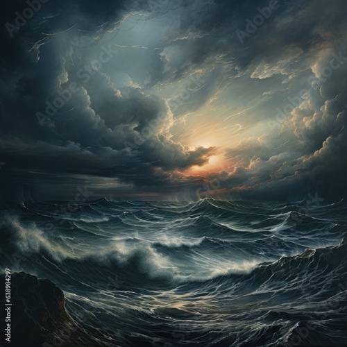 cinematic view of the stormy sea with dark clouds in the sky. 